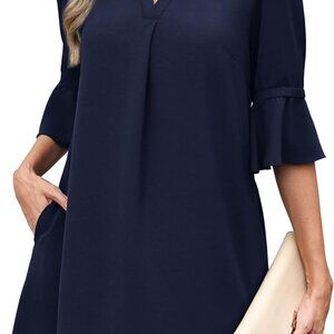 Women's Summer Casual Dress Polyester V-Neck Ruffle Pockets Lightweight